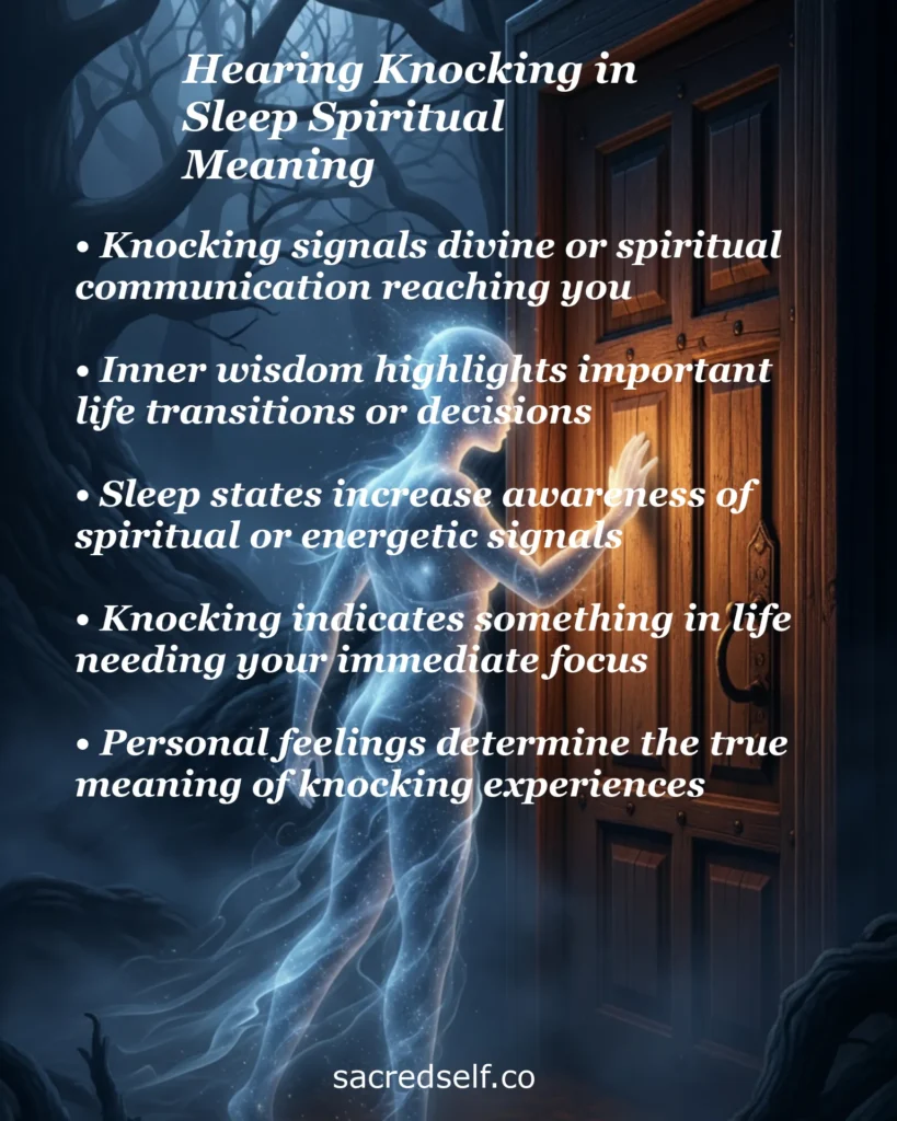 Infographic with 5 spiritual meanings of hearing knocking in sleep: divine communication, inner wisdom, heightened awareness, and immediate focus needed