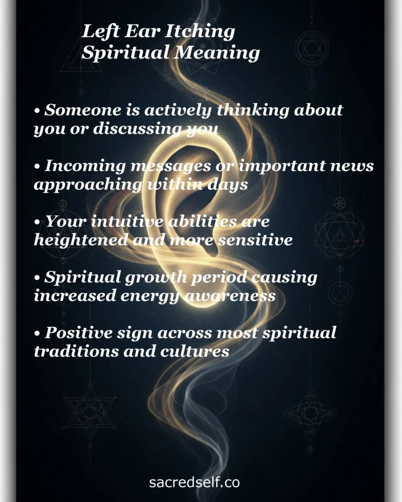 Infographic about left ear itching spiritual meaning – someone thinking of you, incoming messages, heightened intuition and spiritual growth