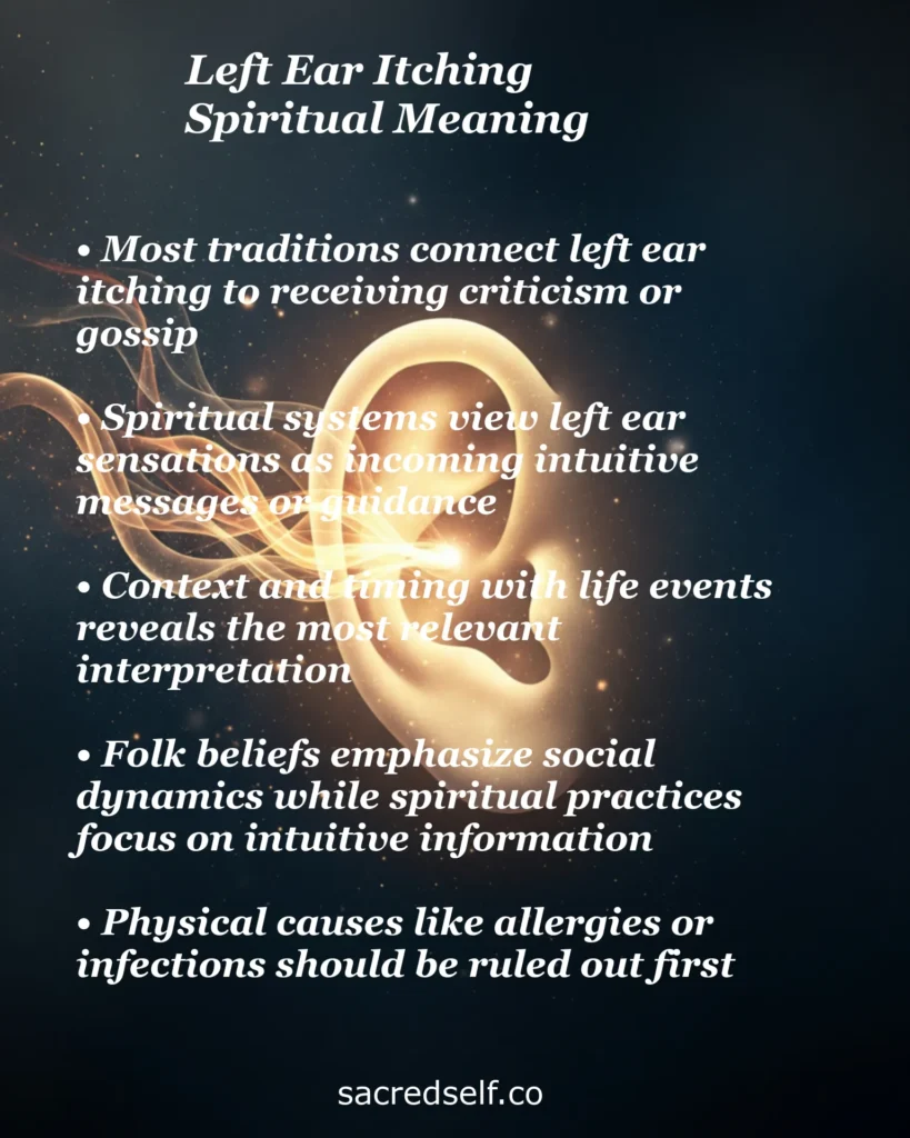 Infographic with 5 spiritual meanings of left ear itching: criticism/gossip, intuitive messages, timing with life events, and ruling out physical causes