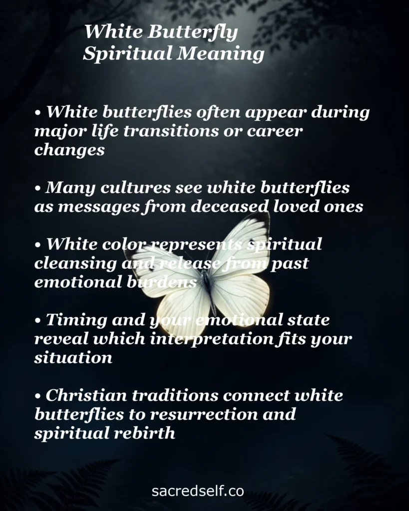 White butterfly resting on a mossy rock in a mystical forest with text infographic about spiritual meaning, transformation, messages from loved ones, and rebirth