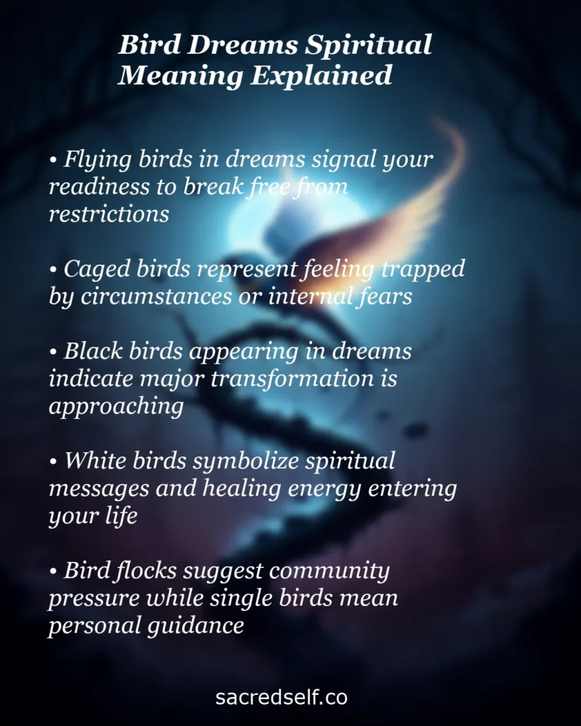 Infographic about the spiritual meaning of bird dreams with a glowing mystical bird silhouette background, covering flying, caged, black, white birds and flocks symbolism