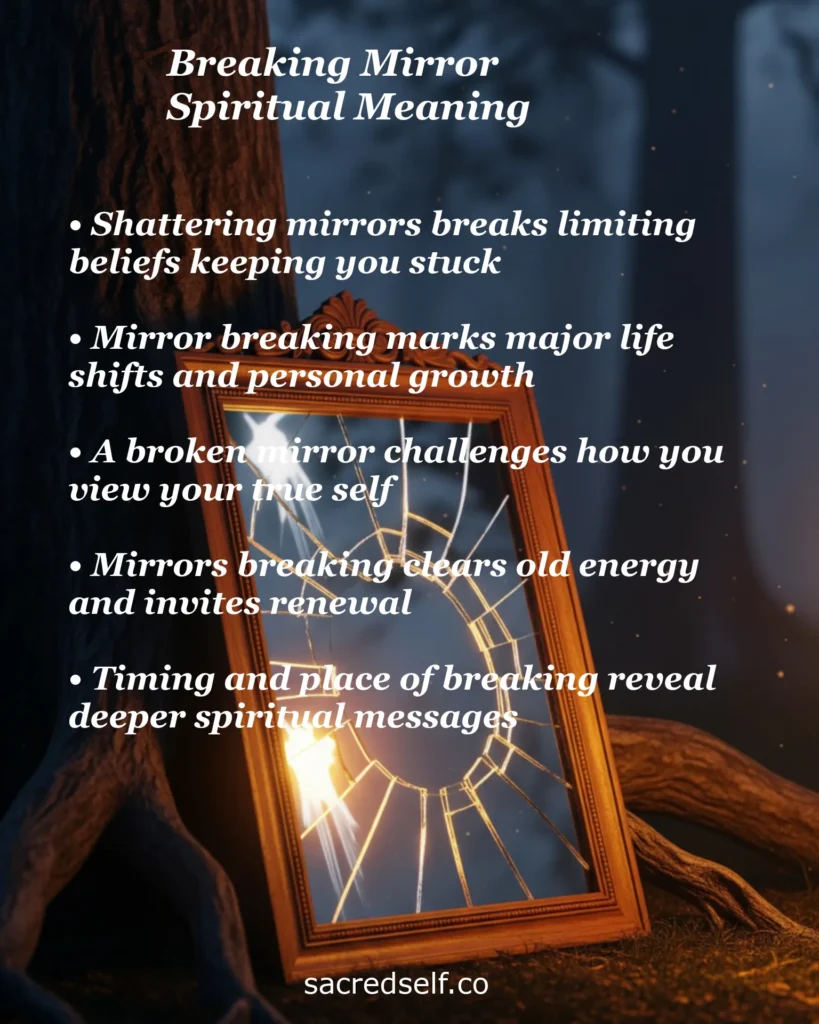 Infographic with 5 spiritual meanings of breaking a mirror: shattering limiting beliefs, major life shifts, challenging self-view, clearing old energy, and deeper messages