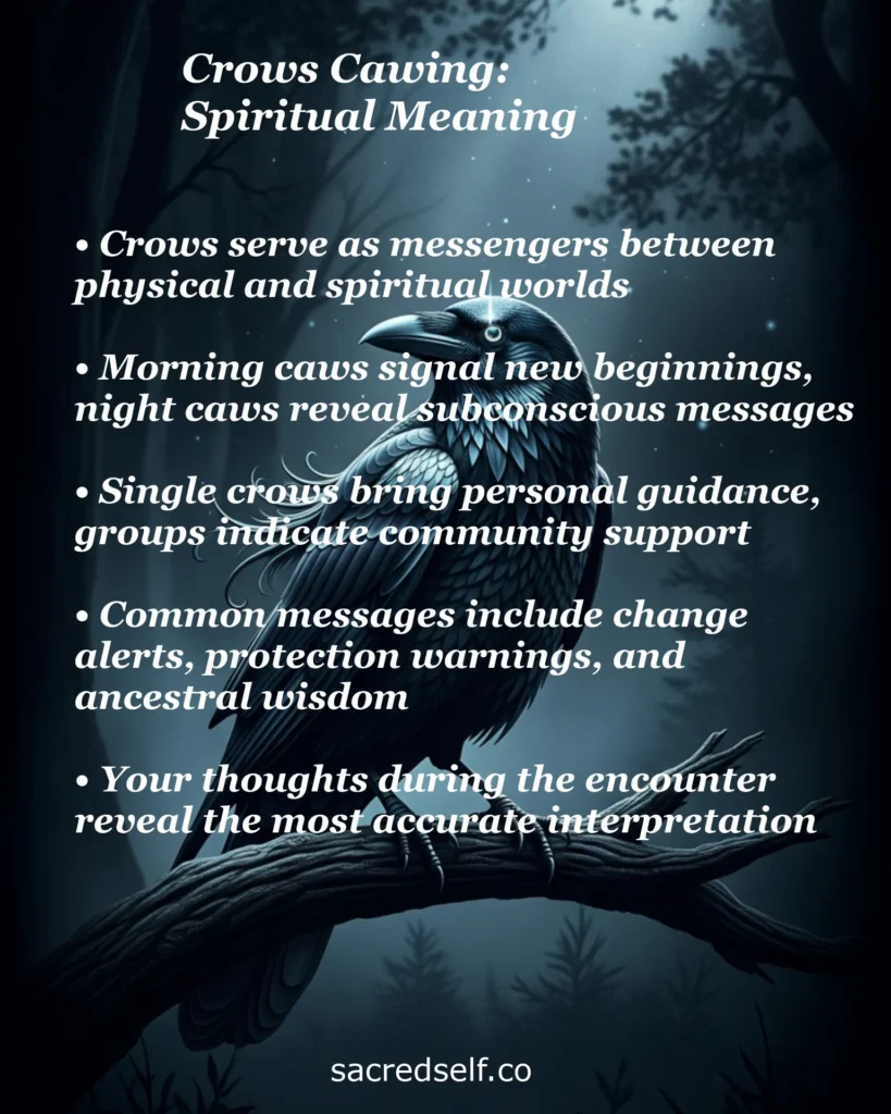 Infographic about the spiritual meaning of crows cawing, with a mystical crow perched on a branch in a dark moonlit forest, covering themes like spiritual messengers, morning and night caws, personal guidance, protection warnings, ancestral wisdom and personal interpretation