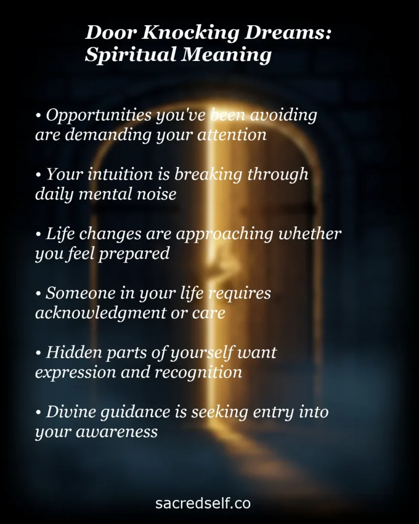 Infographic about door knocking dreams spiritual meaning with text like “opportunities you’ve been avoiding” and “divine guidance is seeking entry” over a glowing open door