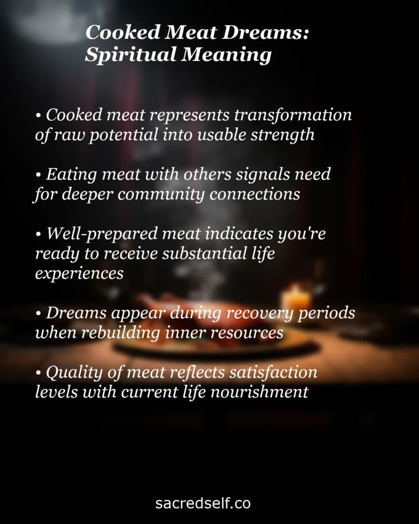 Infographic about cooked meat dreams spiritual meaning with text like “transformation of raw potential into usable strength” and “quality of meat reflects life nourishment” on a dark background
