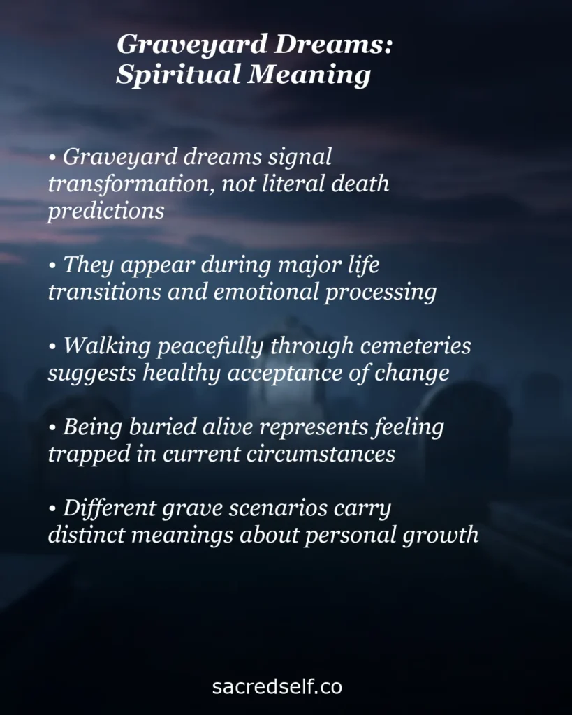 Infographic about graveyard dreams spiritual meaning – transformation, life transitions, acceptance of change and personal growth