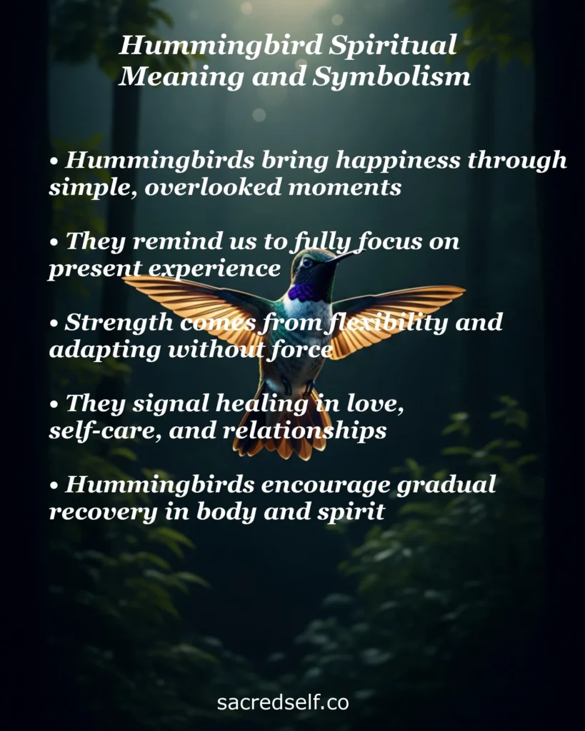 Infographic about hummingbird spiritual meaning and symbolism – happiness, present moment, flexibility, love healing and spiritual recovery