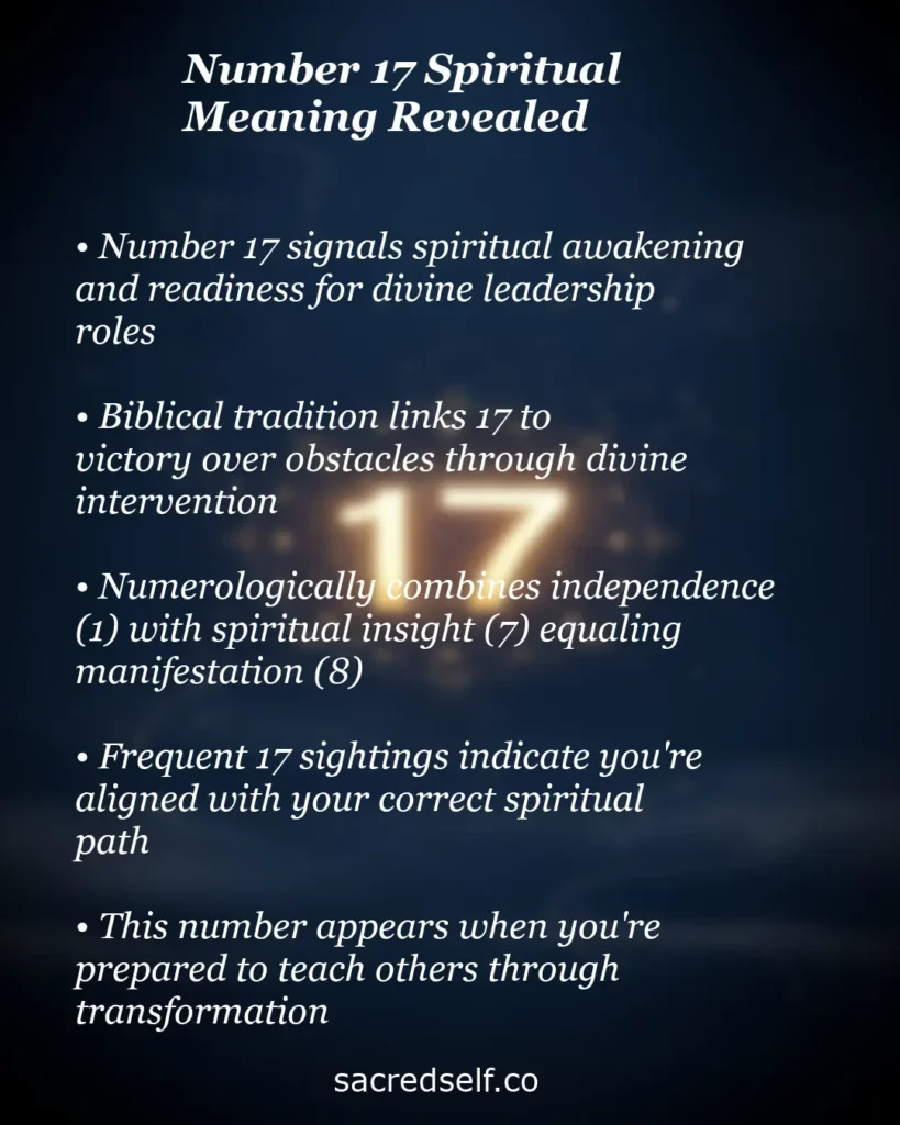 Infographic explaining the spiritual meaning of number 17: spiritual awakening, biblical victory, numerological combination of 1 and 7 equaling manifestation (8), alignment with life path, and readiness to guide others through transformation.