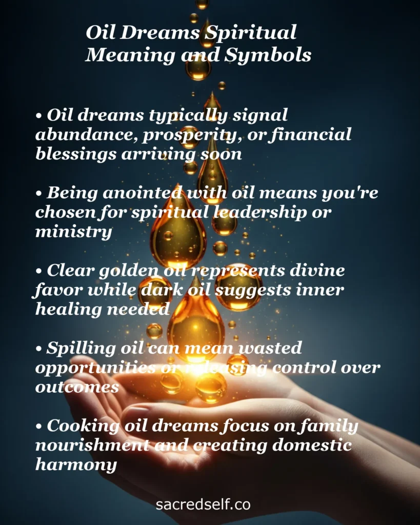 Infographic about oil dreams spiritual meaning and symbols – abundance, prosperity, anointing, golden oil divine favor and family harmony