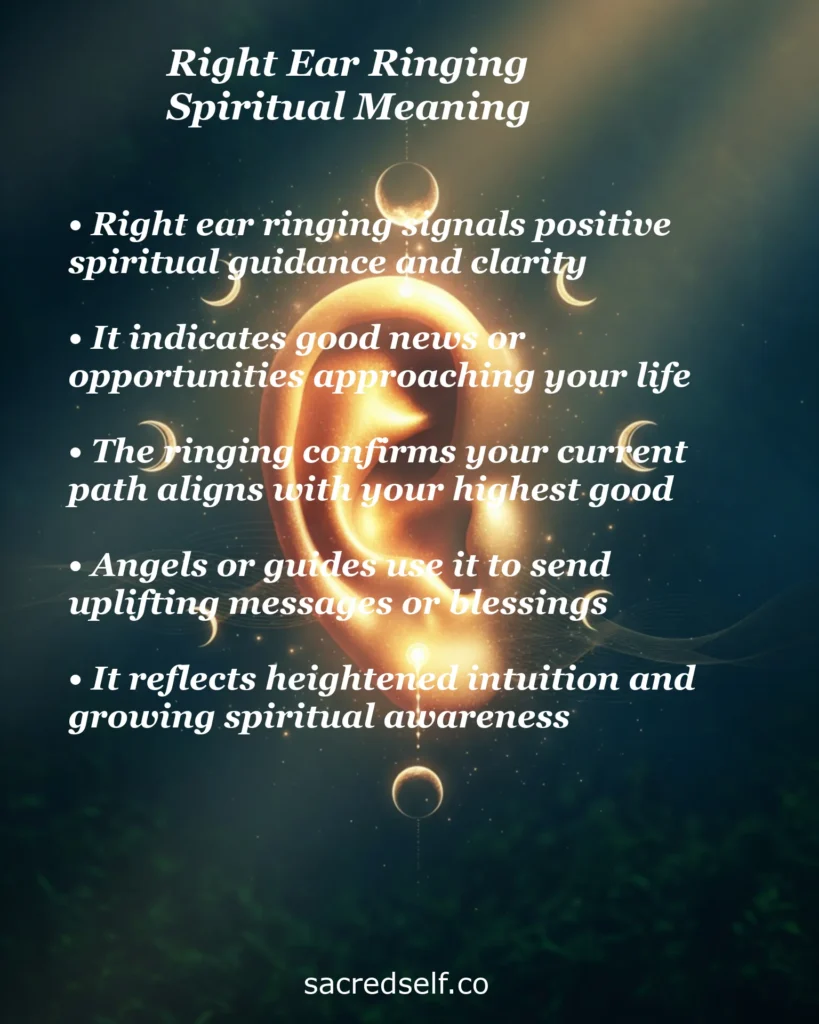 Infographic with 5 spiritual meanings of right ear ringing: positive guidance, good news approaching, path alignment, angelic messages, and intuition
