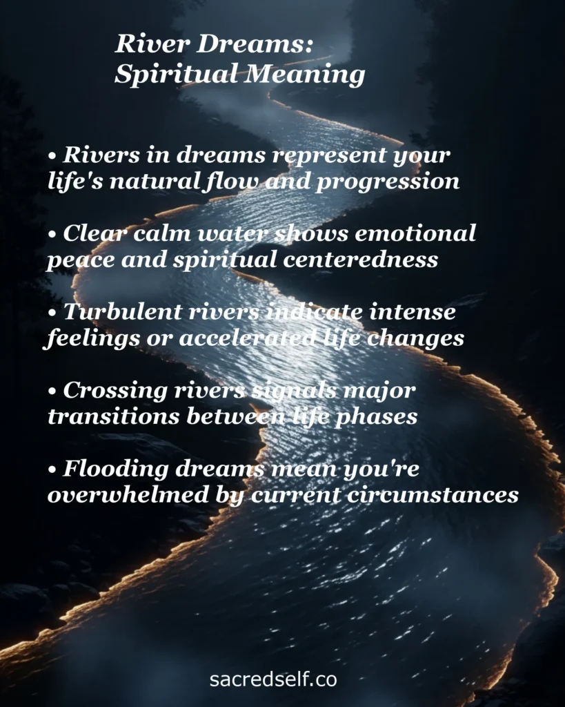 Infographic about the spiritual meaning of river dreams, with a dark aerial view of a winding river with golden banks, covering themes like life's natural flow, emotional peace, turbulent feelings, life transitions and feeling overwhelmed