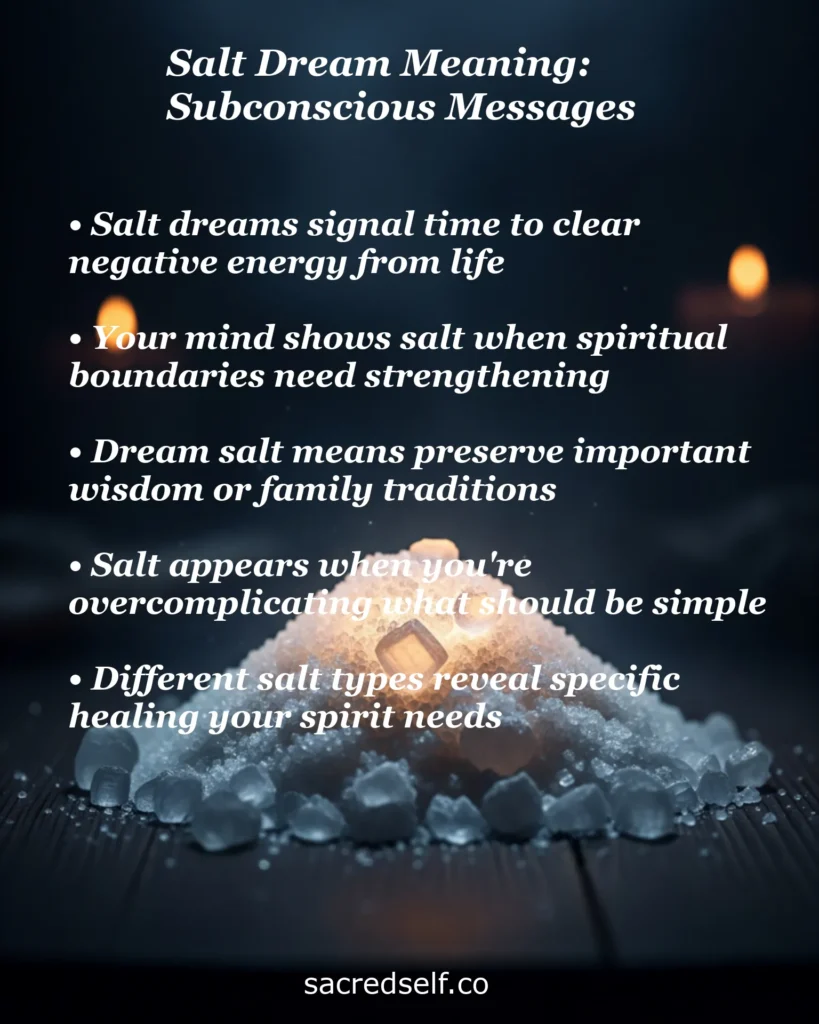 Infographic about salt dream meaning and subconscious messages – negative energy, spiritual boundaries, family wisdom and inner healing
