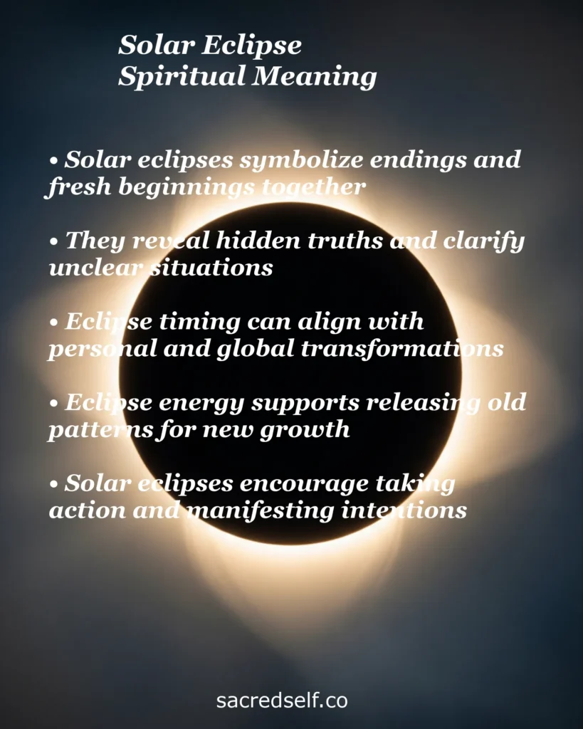 Infographic with 5 spiritual meanings of solar eclipses: endings and fresh beginnings, revealing hidden truths, personal transformation, and manifestation
