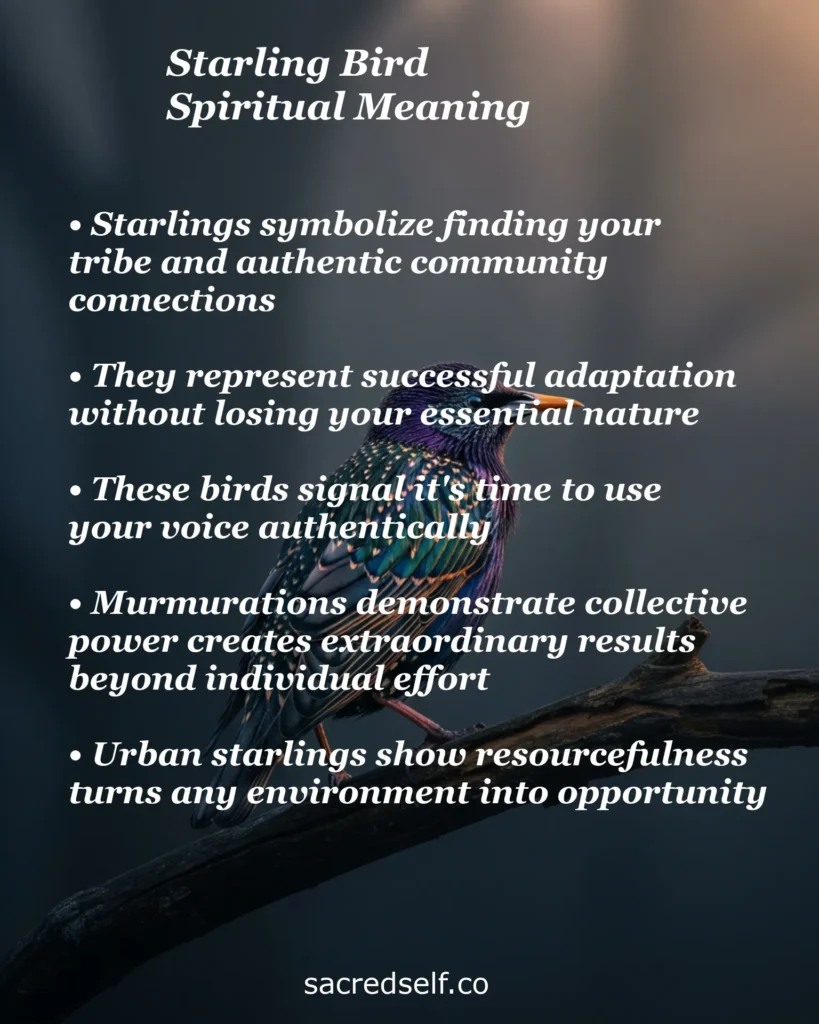 Starling bird perched on a branch with colorful feathers and infographic text about spiritual meaning, community, adaptability, authentic expression, and collective power