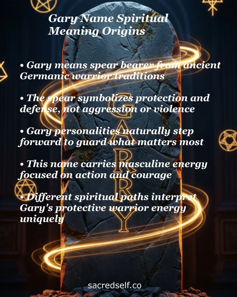 Infographic about the spiritual meaning and origins of the name Gary, with a stone tablet engraved with the name surrounded by golden light energy and mystical symbols, covering themes like Germanic warrior traditions, protection, courage, and spiritual interpretations