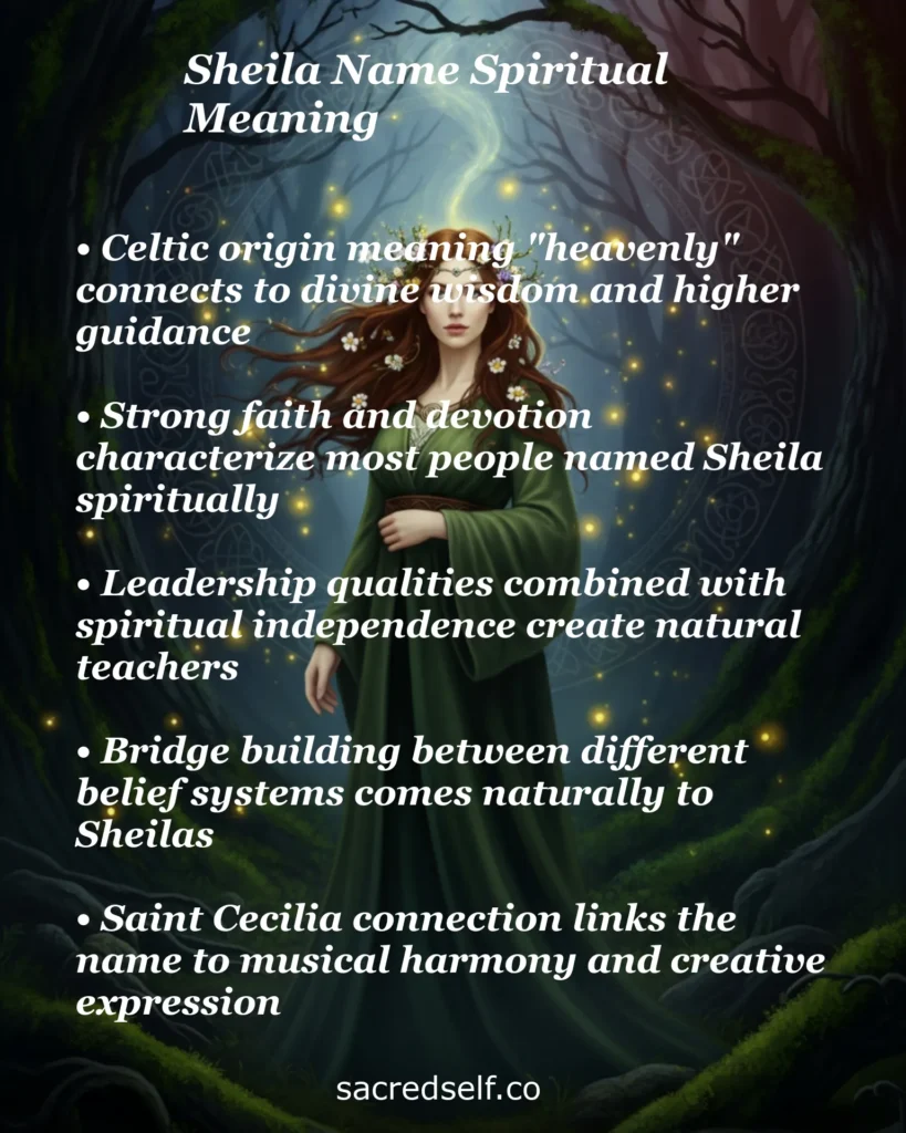 Mystical woman in a glowing forest with infographic text about the spiritual meaning of the name Sheila, including Celtic origin, divine guidance, leadership, and creative expression