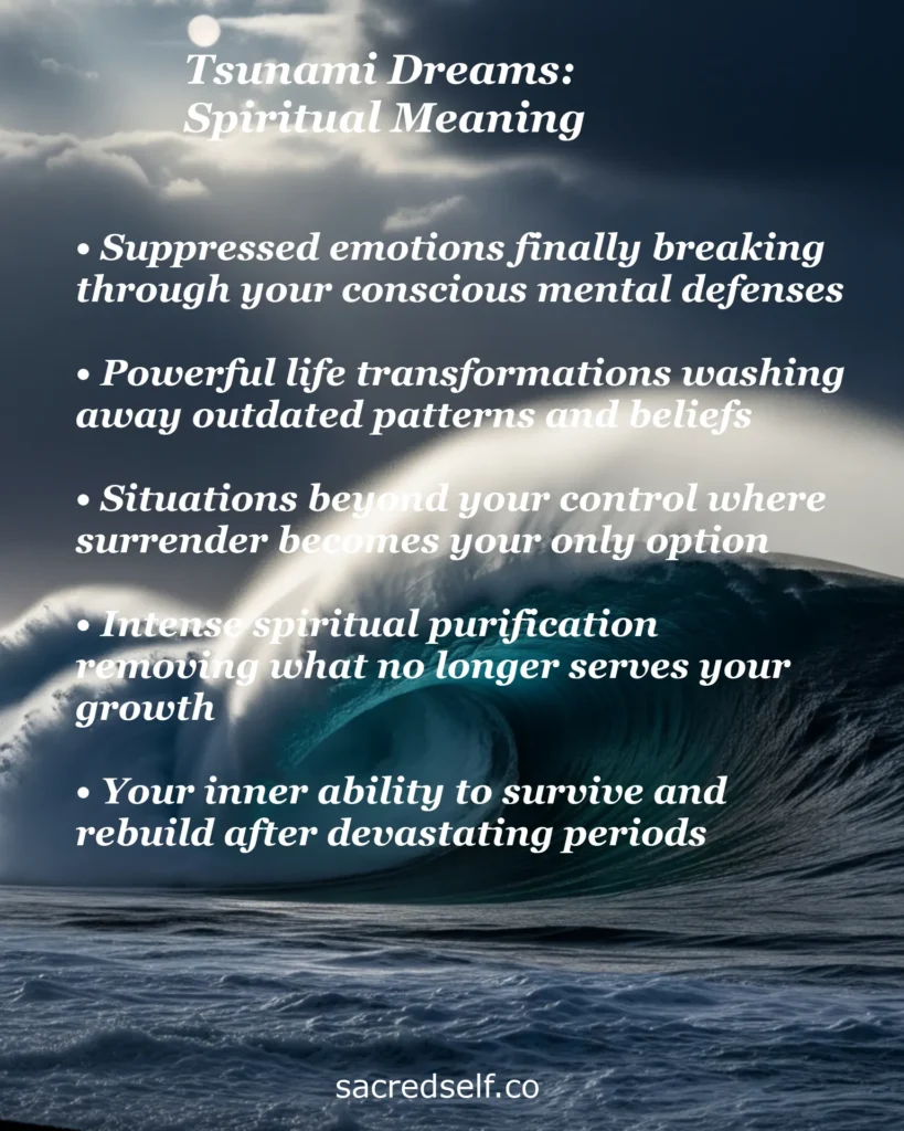 Infographic about the spiritual meaning of tsunami dreams over a dramatic ocean wave background, covering themes like suppressed emotions, life transformation, surrender, spiritual purification, and inner resilience