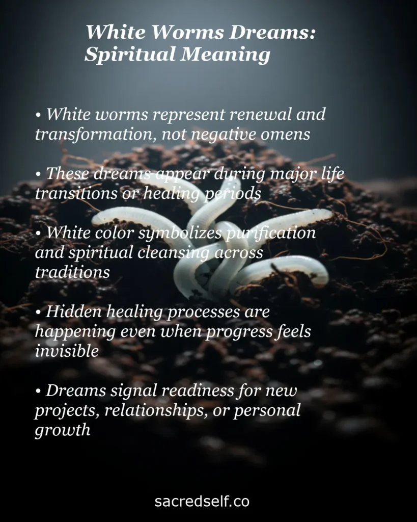 Infographic about white worms dreams spiritual meaning – renewal, transformation, spiritual cleansing and hidden healing processes