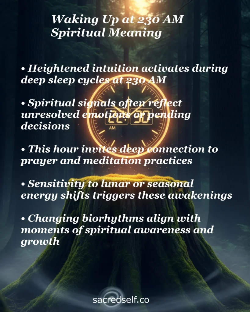 Infographic with 5 spiritual meanings of waking at 2:30 AM: heightened intuition, unresolved emotions, prayer connection, lunar sensitivity, and biorhythms