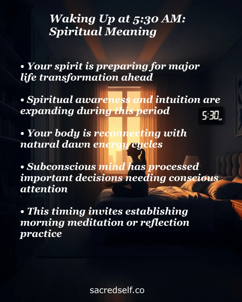 Waking up at 5:30 AM spiritual meaning infographic with a woman silhouette meditating on a bed facing a glowing window at dawn with a digital clock showing 5:30, covering life transformation, spiritual awareness, natural energy cycles, subconscious processing and morning meditation