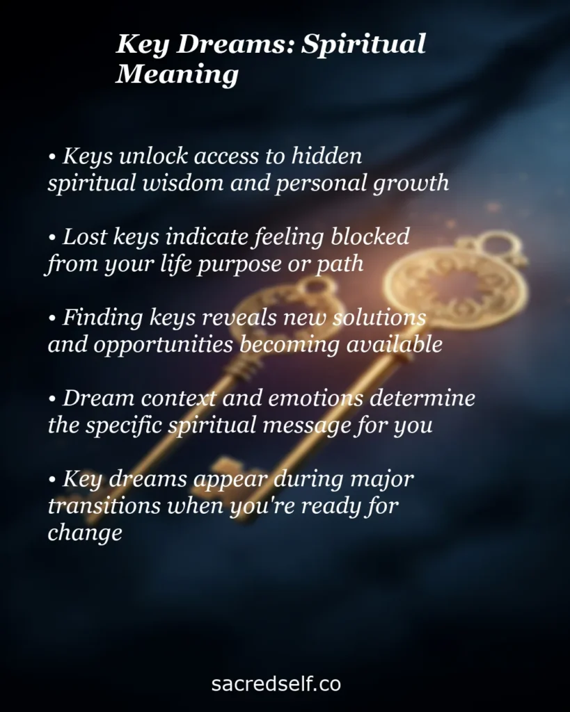 Infographic about the spiritual meaning of key dreams with two glowing golden keys on dark background, covering hidden wisdom, lost keys, finding keys and major life transitions symbolism.