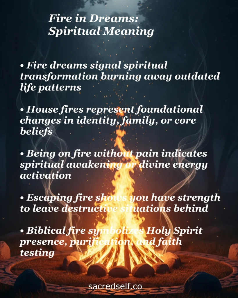 Infographic about fire in dreams spiritual meaning – transformation, house fires, spiritual awakening, escaping fire and biblical symbolism