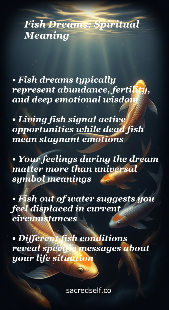Infographic about fish dreams spiritual meaning – abundance, fertility, living vs dead fish, emotional wisdom and life circumstances