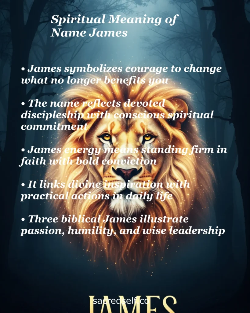 Infographic with 5 spiritual meanings of name James: courage to change, devoted discipleship, standing firm in faith, divine inspiration, and wise leadership