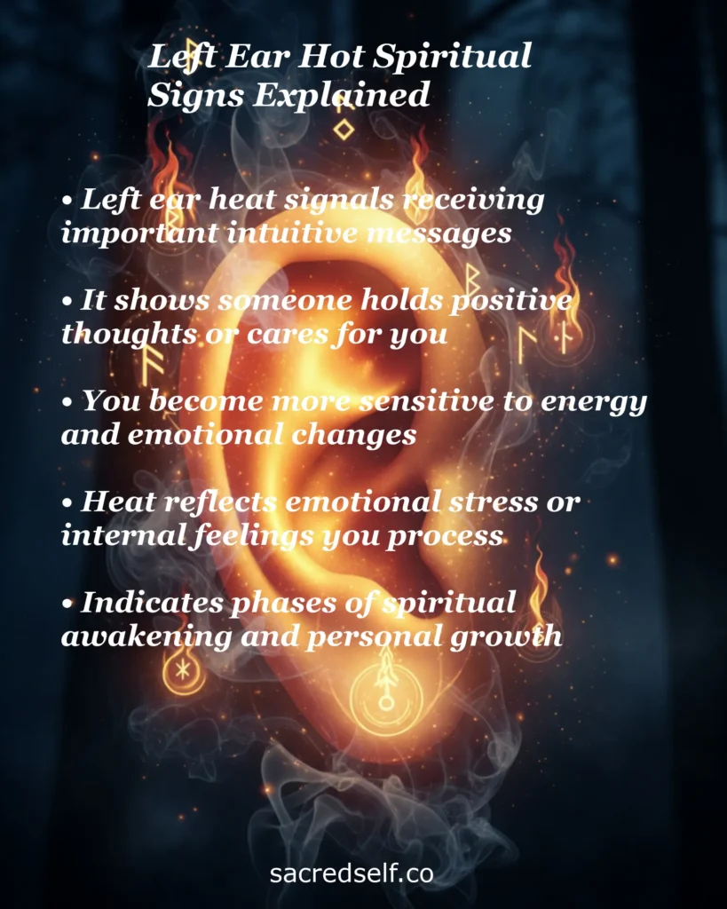 Infographic with 5 spiritual meanings of left ear heat: intuitive messages, positive thoughts from others, energy sensitivity, emotional processing, and spiritual awakening