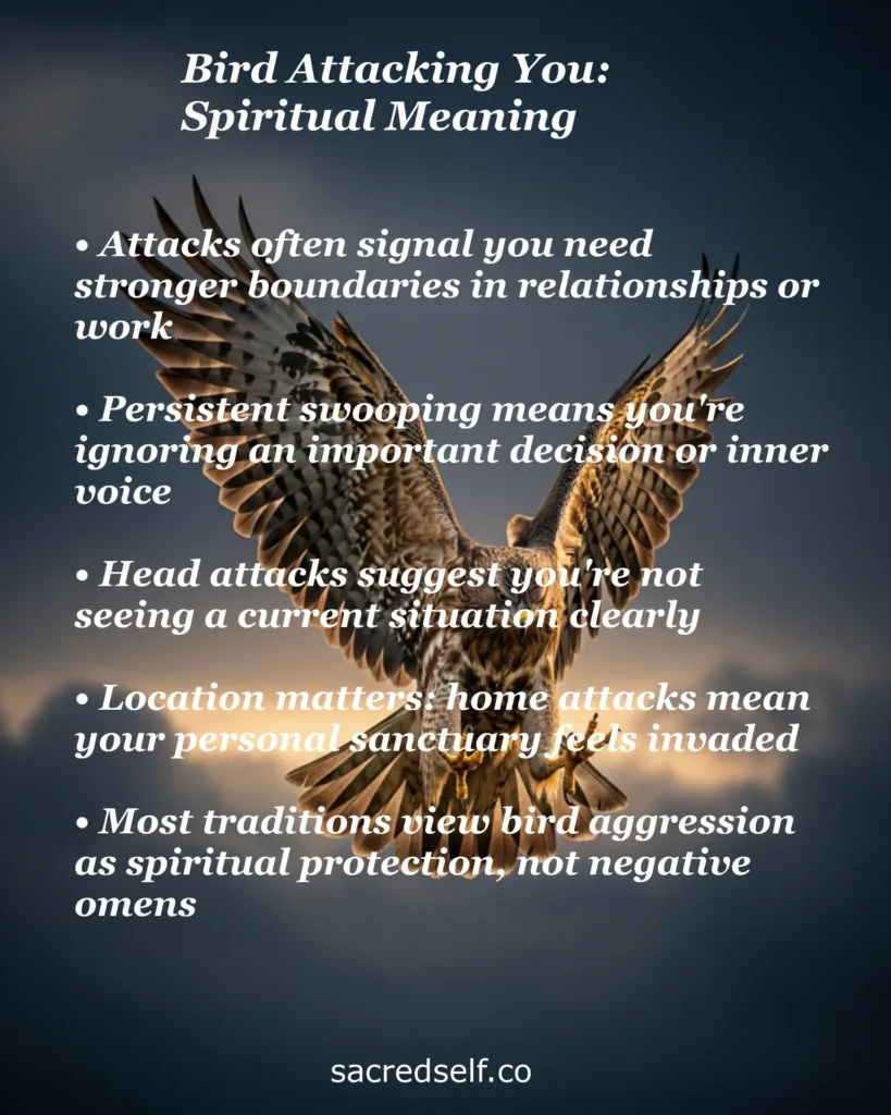 Infographic with 5 spiritual meanings of bird attacks: need for stronger boundaries, ignoring important decisions, not seeing situations clearly, invaded personal sanctuary, and spiritual protection