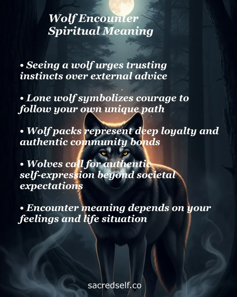 Infographic with 5 spiritual meanings of wolf encounters: trusting instincts, lone wolf courage, pack loyalty, authentic self-expression, and personal interpretation