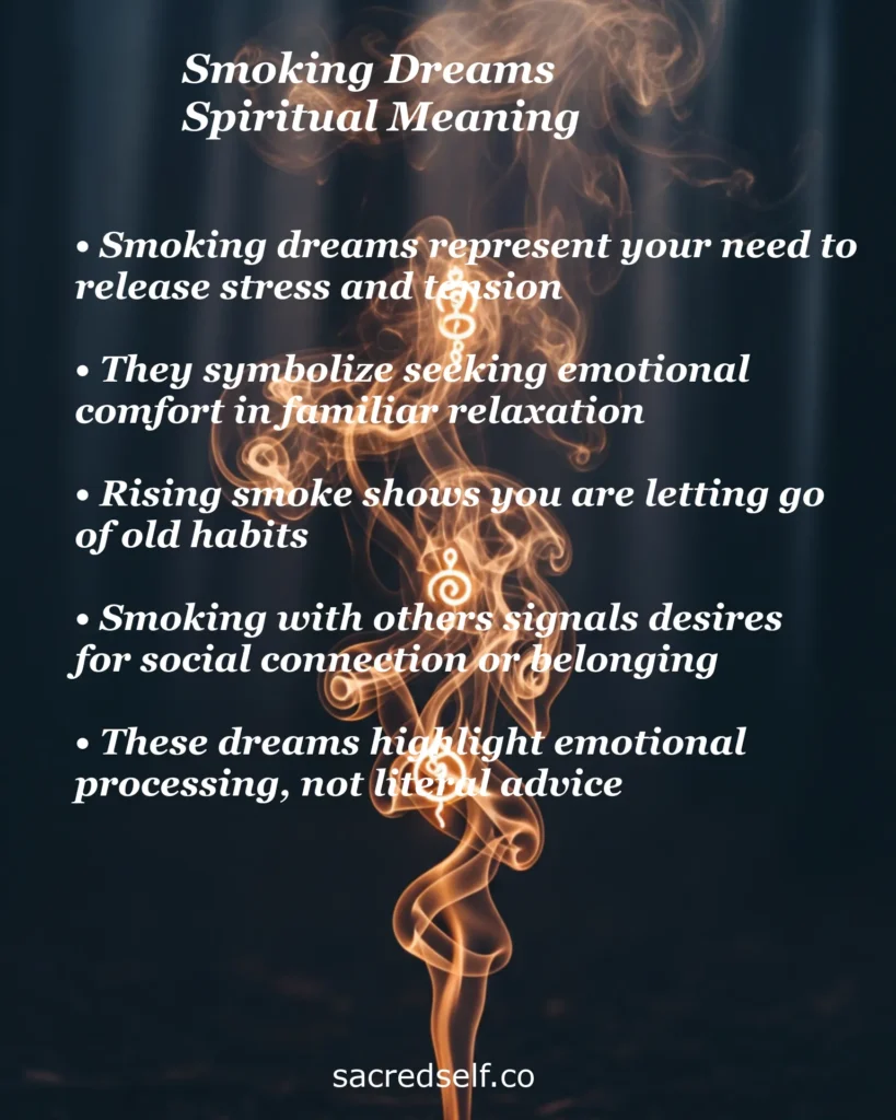Infographic with 5 spiritual meanings of smoking dreams: releasing stress and tension, seeking emotional comfort, letting go of old habits, social connection desire, and emotional processing