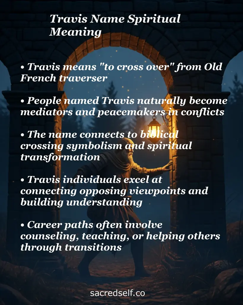Figure with lantern at a stone arch and overlay text about the spiritual meaning of the name Travis: crossing, peacemaking.