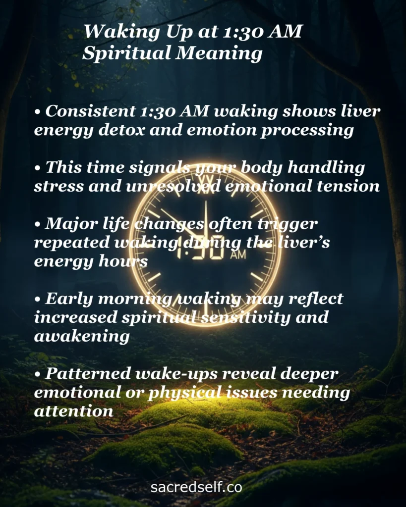 Infographic with 5 spiritual meanings of waking at 1:30 AM: liver energy detox, stress processing, life changes triggering wake-ups, and spiritual sensitivity