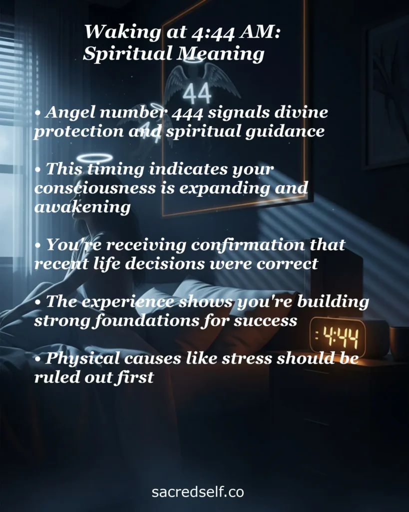 Infographic with 5 spiritual meanings of waking at 4:44 AM: angel number 444 divine protection, consciousness expanding, confirmation of correct decisions, building strong foundations, and ruling out stress