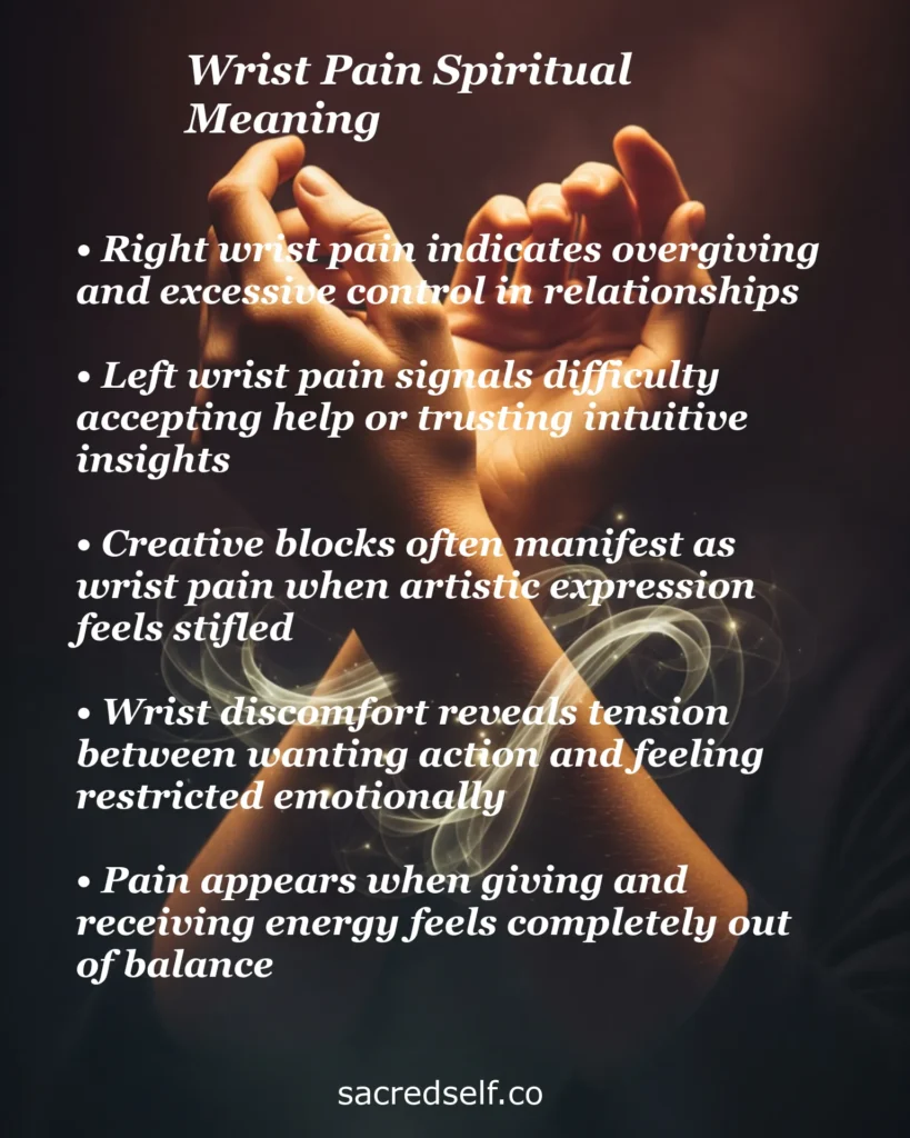 Infographic with 5 spiritual meanings of wrist pain: right wrist overgiving and control, left wrist accepting help, creative blocks, emotional restriction, and energy imbalance