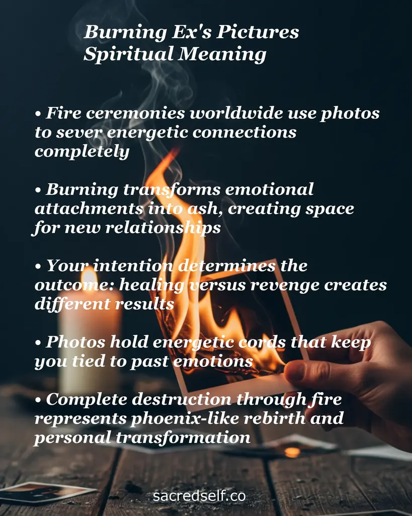 Hand burning a photograph with overlay text about fire ceremonies, severing energetic ties, intention and rebirth.
