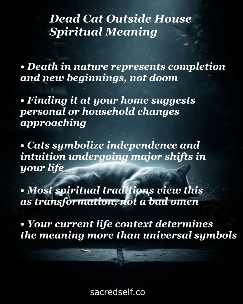 Dark infographic of a dead cat with text about death as completion, household change, intuition, and transformation