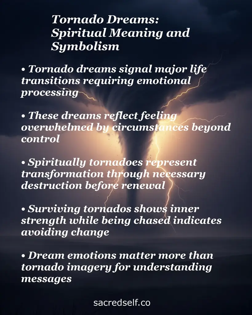 Stormy sky with a tornado and text about spiritual meanings: life transitions, overwhelm, renewal, inner strength.
