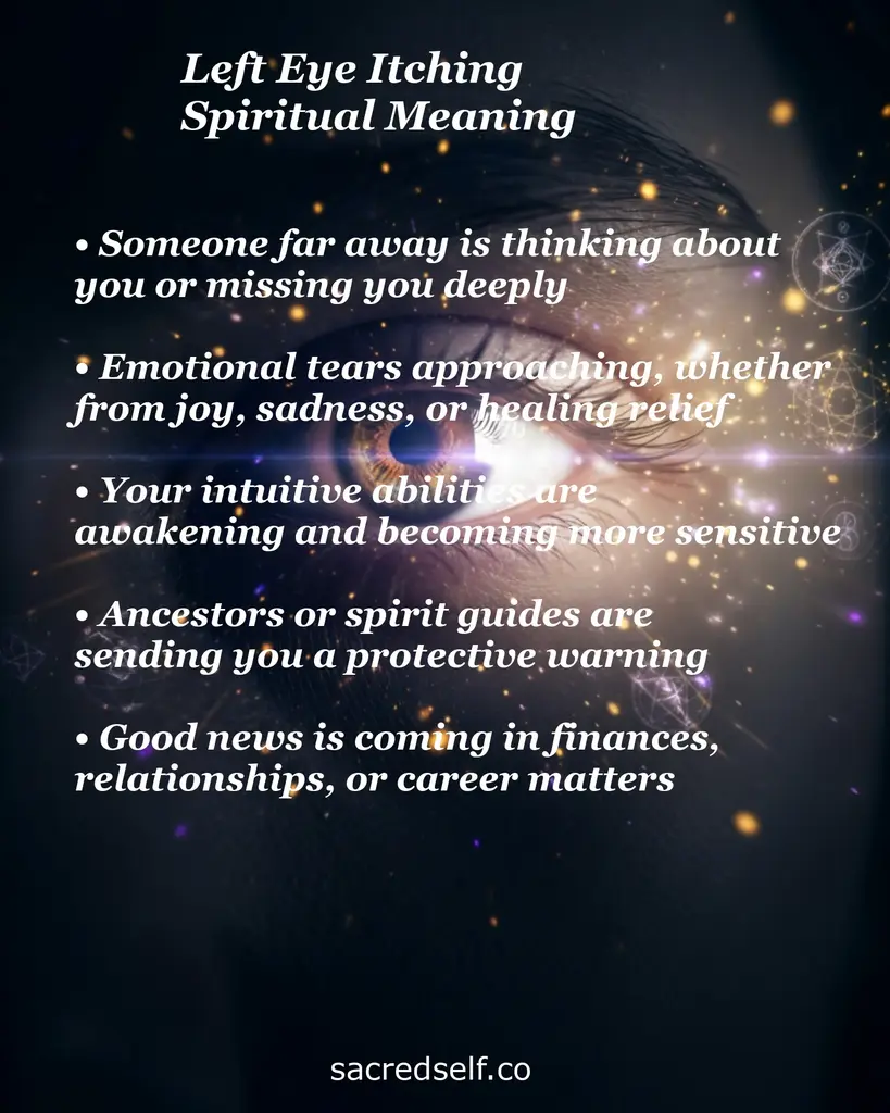 Infographic of left eye itching spiritual meaning: distant thoughts, tears, awakened intuition, spirit guides, good news.