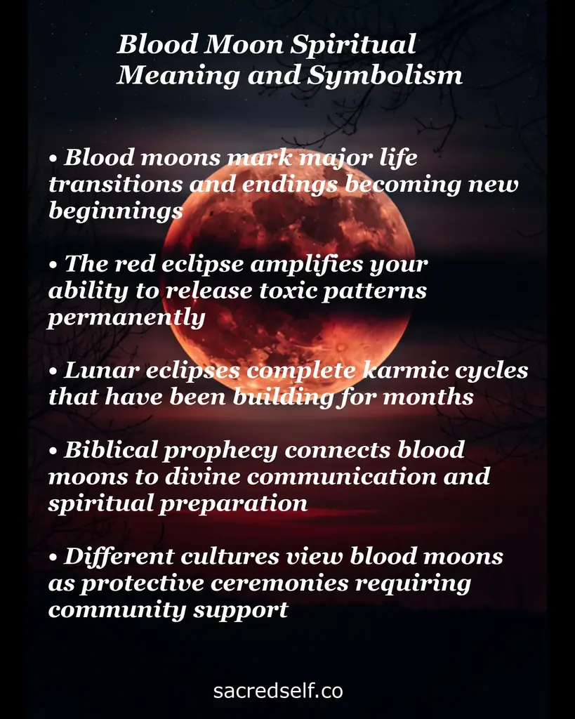 Infographic of the spiritual meaning of a blood moon: life transitions, releasing toxic patterns, karmic cycles, prophecy.