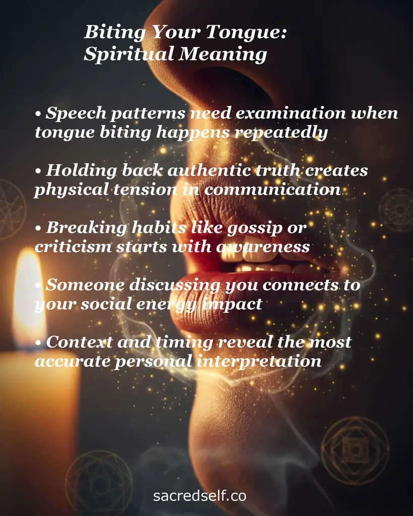 Close-up lips biting tongue, candlelight and mystical sparks; overlay text about spiritual meaning: examine speech, hold truth