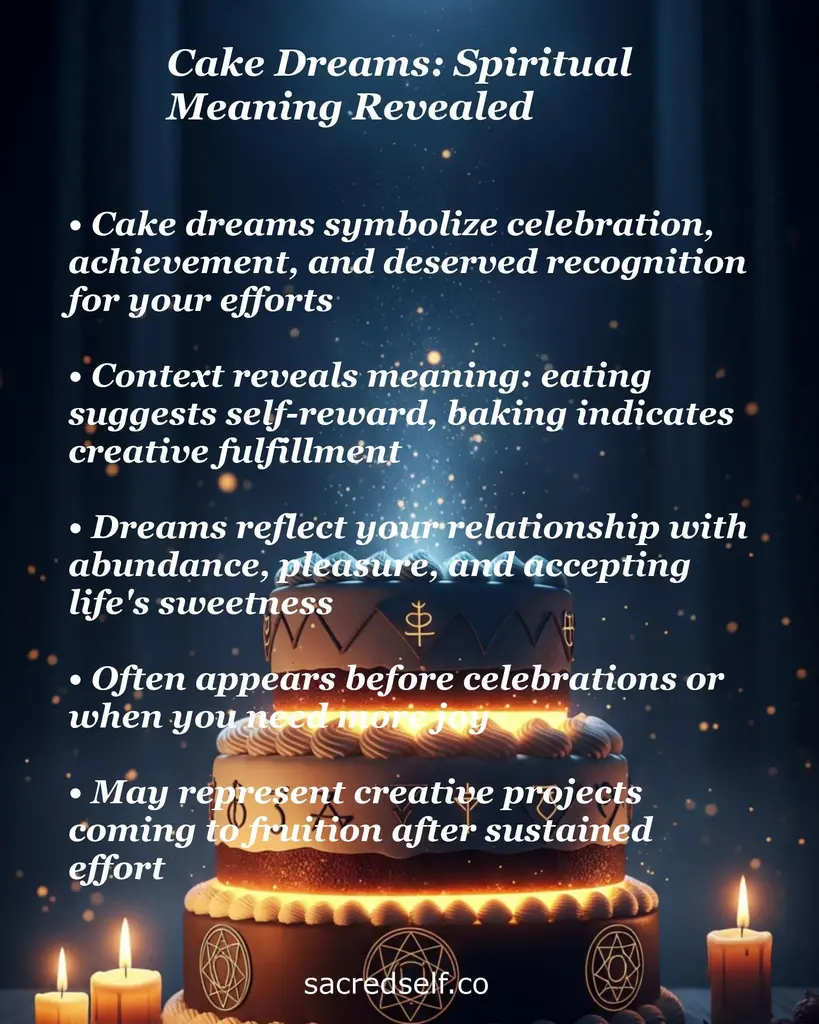 Tiered cake with candles on dark starry background, overlay text on dreams meaning celebration and abundance