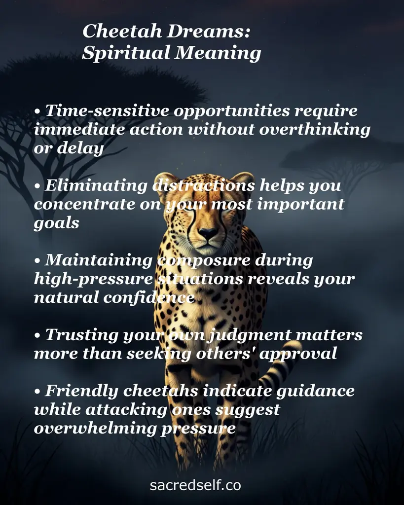 Cheetah in moonlit savanna with text about dream meanings: act quickly, cut distractions, stay composed, trust instincts.