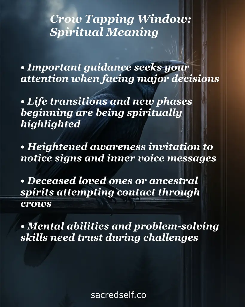 Crow tapping a window with overlay text on its spiritual meanings: guidance, transitions, awareness, ancestral contact.