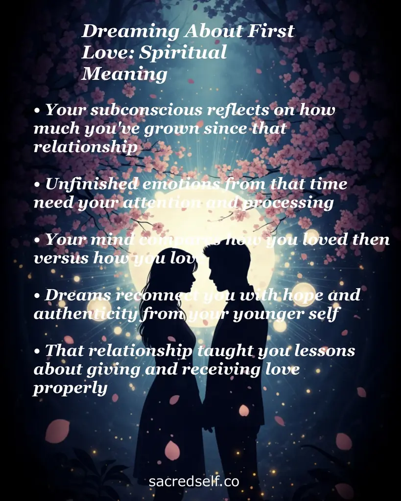Infographic on the spiritual meaning of dreaming about your first love — silhouetted couple by a glowing moon, cherry blossoms, and bulleted insights.