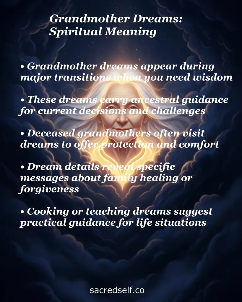 Ethereal grandmother face in glowing clouds with text about ancestral guidance, protection, healing, and practical guidance
