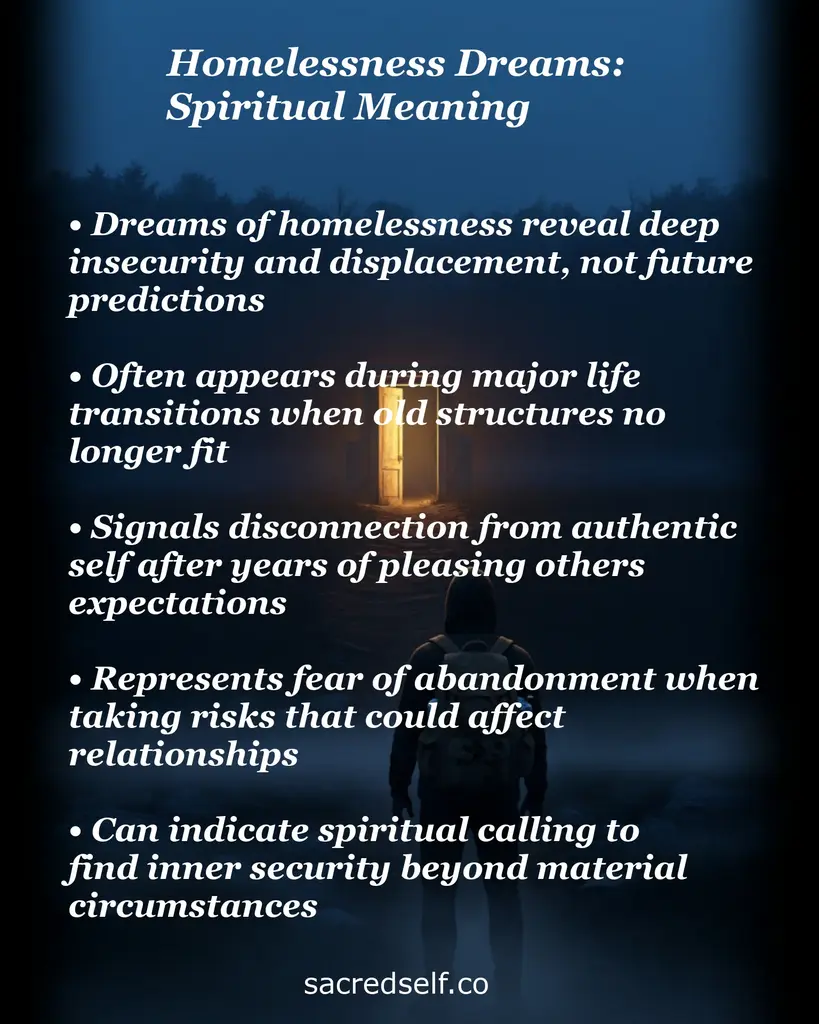 Silhouetted figure facing a glowing open door with text overlay summarizing spiritual meaning of homelessness dreams