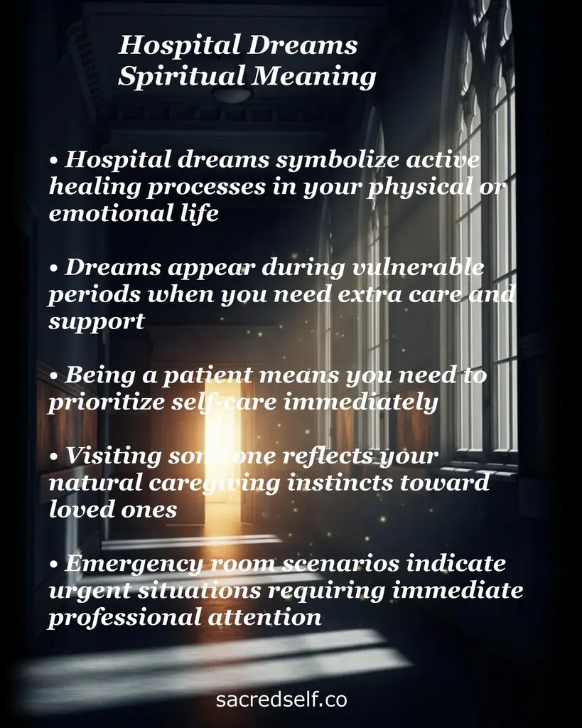 Dim hospital corridor with glowing doorway and text about dreams: healing, vulnerability, self-care and caregiving urgency