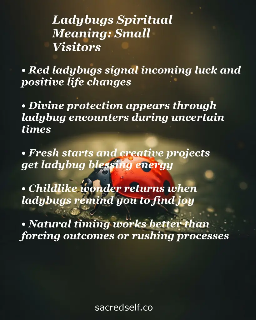 Close-up red ladybug on dewy surface with text on luck, protection, fresh starts, joy and trusting timing